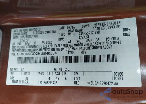 2017 Ford Escape Se from USA, damaged, VIN 1FMCU9GD2HUB40534